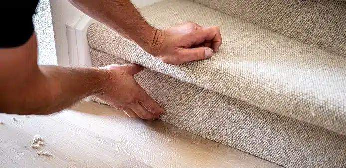 De laatste trede afwerken langs de vloer Twee handen drukken wollen trapbekleding met lussenpool strak langs de trapneus boven een houten vloer